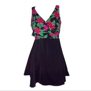 It Figures Faux Wrap Front Black Pink Green Floral Swimsuit Swimdress 16